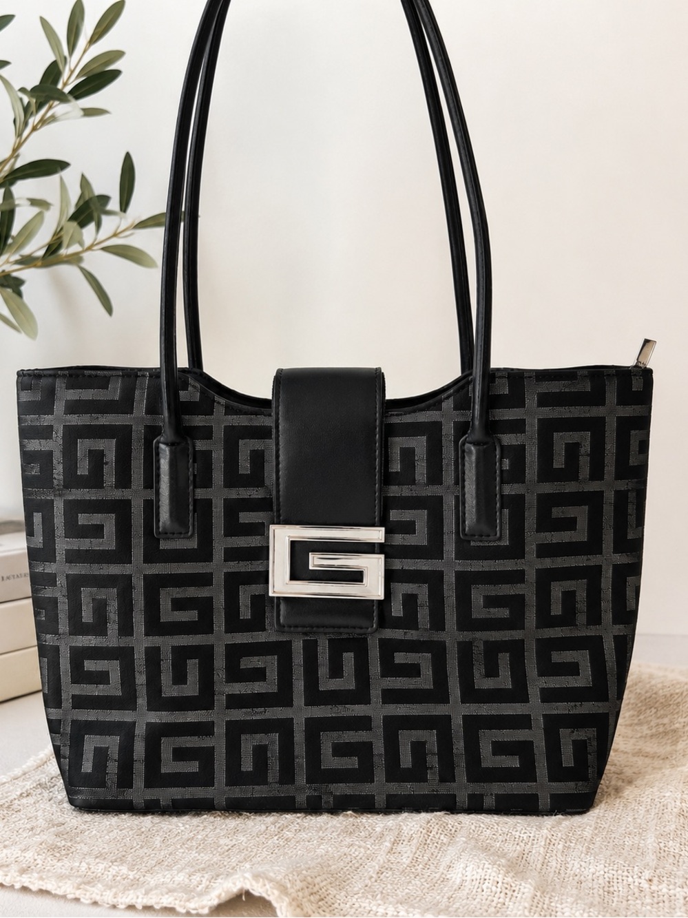 Giani Bernini Black Logo Jacquard Tote Bag | Geometric Shoulder Purse